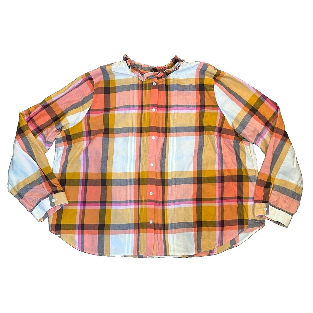 J. Crew Women's 3X Ruffleneck Tuxedo Plaid Shirt Cotton Flannel Button Up Orange